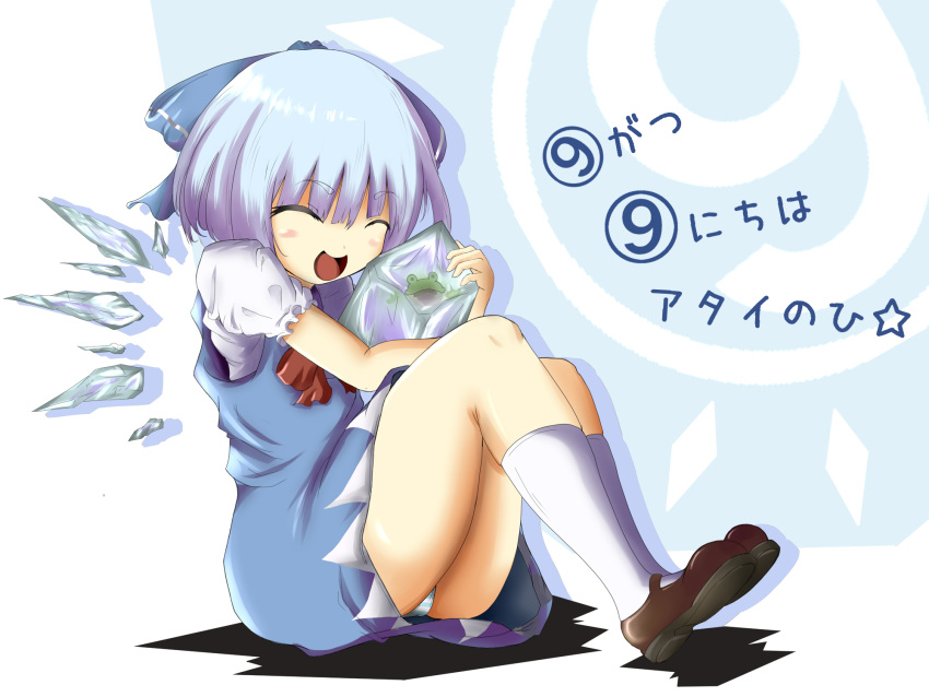 blue_hair, blush, bow, cirno, dress, frog, frozen, hair_bow