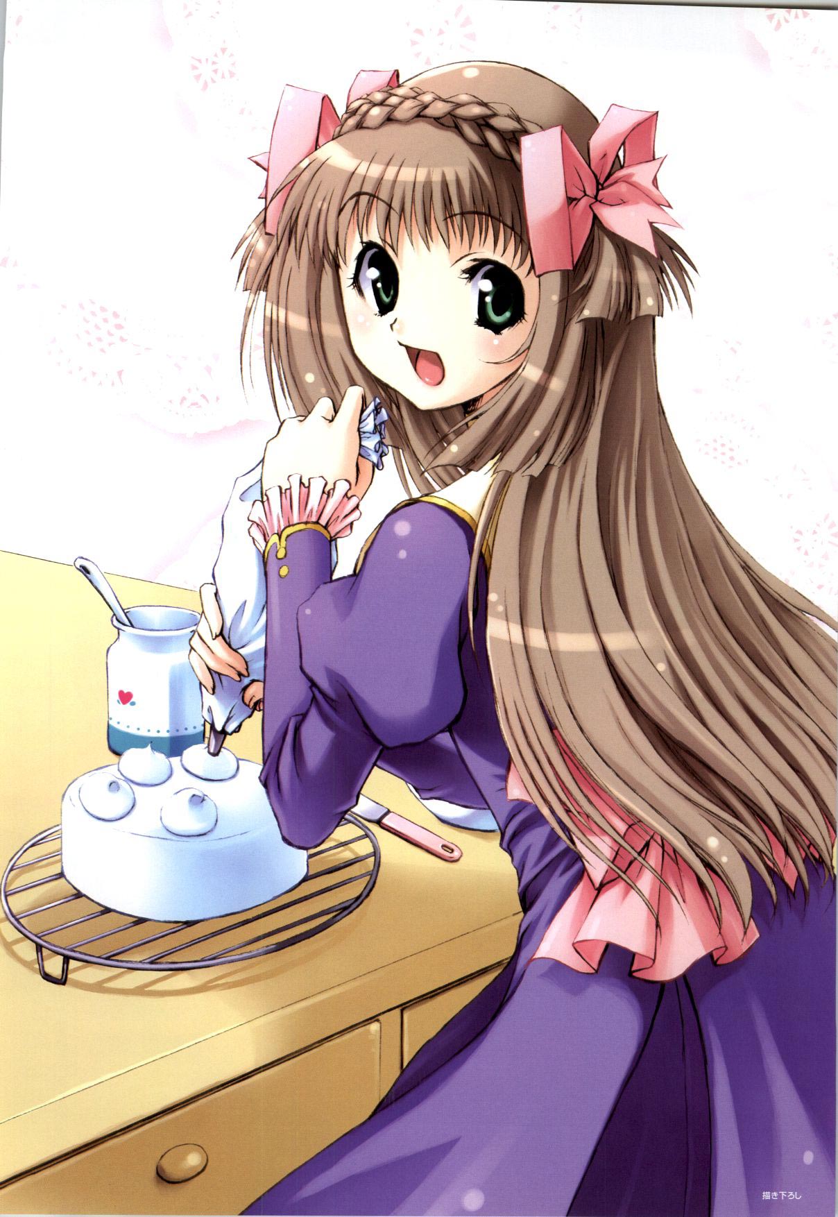 1girl, :d, bistro_cupid, bow, braid, brown_hair, cake, celery_periwinkle