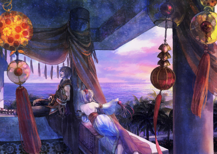 bare_back, blonde_hair, brother_and_sister, brown_hair, carpet, flare_en_kuldes, flower, gensou_suikoden