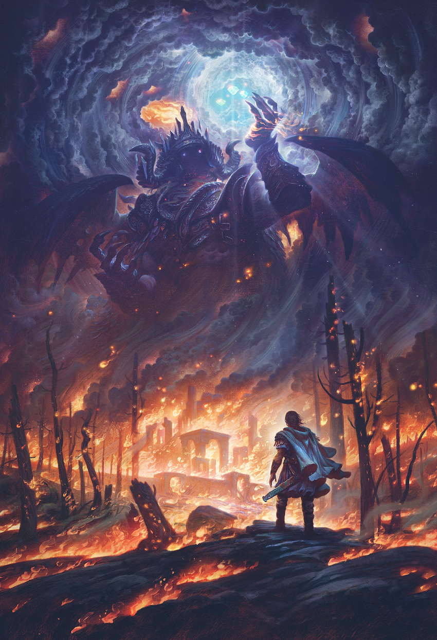 2boys, armor, bare_tree, beren, black_footwear, building, burning, cape, claws, clouds, cloudy_sky, colossus, commentary, destruction, embers, english_commentary, eyes_in_shadow, facing_away, fake_horns, fantasy, fire, giant, glowing, glowing_eyes, hand_up, helmet, highres, horned_helmet, horns, justin_gerard, magic, male_focus, morgoth, multiple_boys, outdoors, pauldrons, realistic, ruins, scenery, shoulder_armor, silmaril_(gem), sky, standing, the_silmarillion, tolkien's_legendarium, tree, vambraces, white_cape, wide_shot, wings