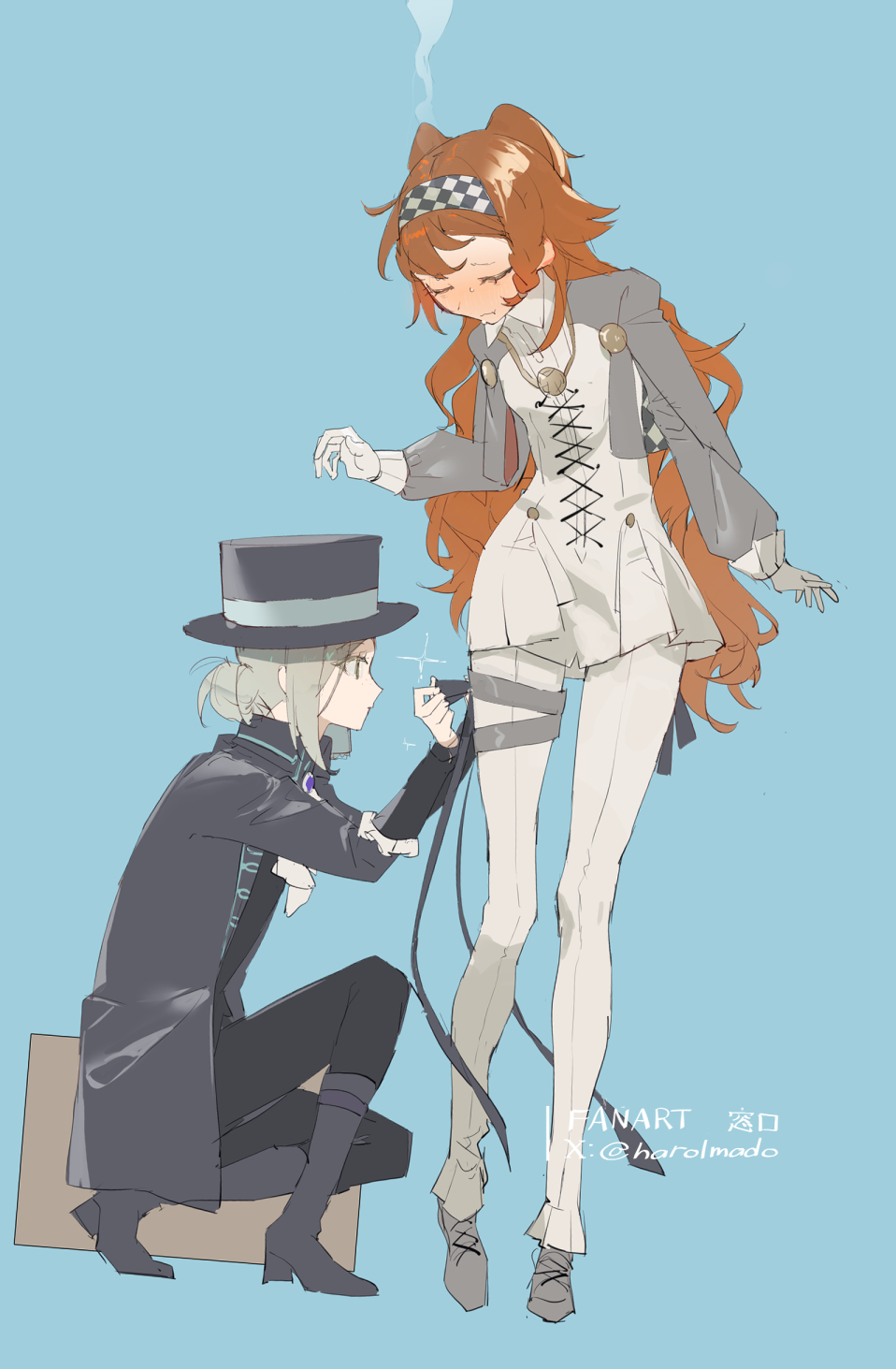 2girls, artist_name, ascot, black_coat, black_headwear, black_pants, black_shirt, blue_background, blush, checkered_hairband, closed_mouth, coat, dress, full_body, gloves, grey_footwear, grey_hair, hair_bun, harolmado, hat, head_steam, highres, long_sleeves, multiple_girls, orange_hair, pants, reverse:1999, shirt, simple_background, single_side_bun, sonetto_(reverse:1999), suitcase, thigh_strap, top_hat, two_side_up, vertin_(reverse:1999), white_ascot, white_dress, white_gloves, white_pants, yuri