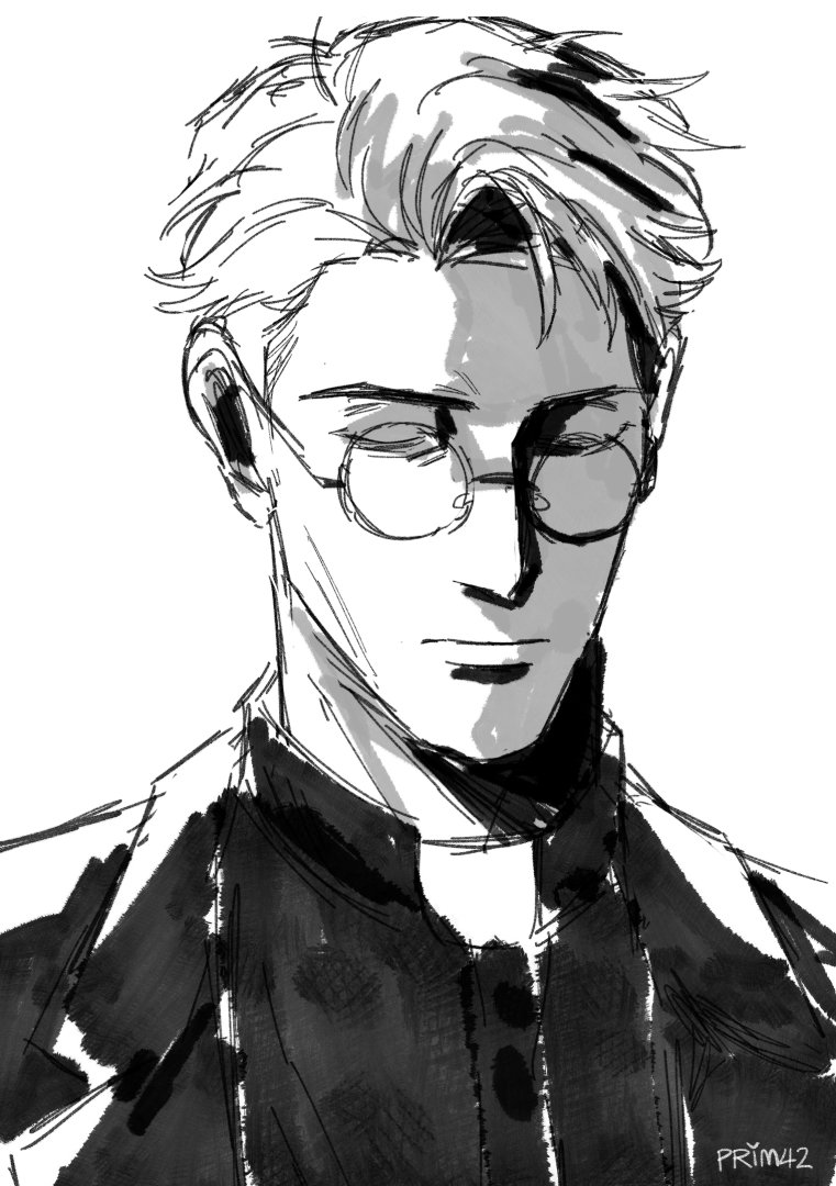1boy, closed_eyes, collared_shirt, english_commentary, glasses, jujutsu_kaisen, male_focus, monochrome