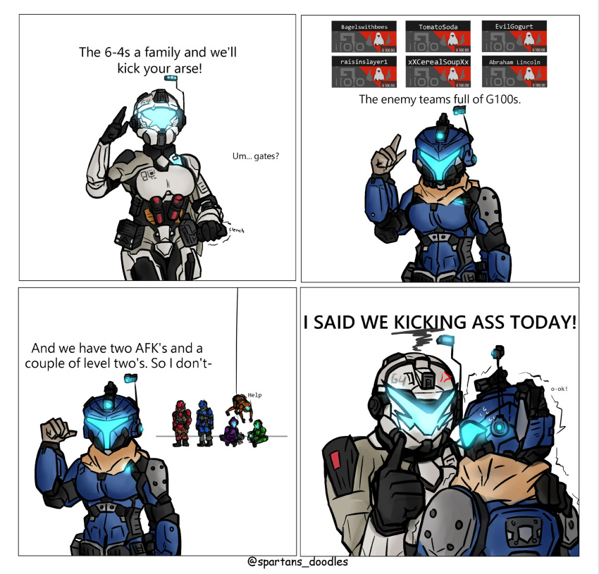 2girls, 5boys, absurdres, anger_vein, artist_name, assault_visor, blue_bodysuit, bodysuit, breasts, brown_scarf, english_commentary, english_text, gates_(titanfall_2), gloves, glowing, grapple_pilot_(titanfall_2), grey_bodysuit, grey_gloves, helmet, highres, holo_pilot_(titanfall_2), medium_breasts, multiple_boys, multiple_girls, pilot_(titanfall_2), pointing, pointing_up, pulse_blade_pilot_(titanfall_2), salute, scarf, spartans_doodles, squiggle, titanfall_(series), titanfall_2, tone_(titanfall_2), toy