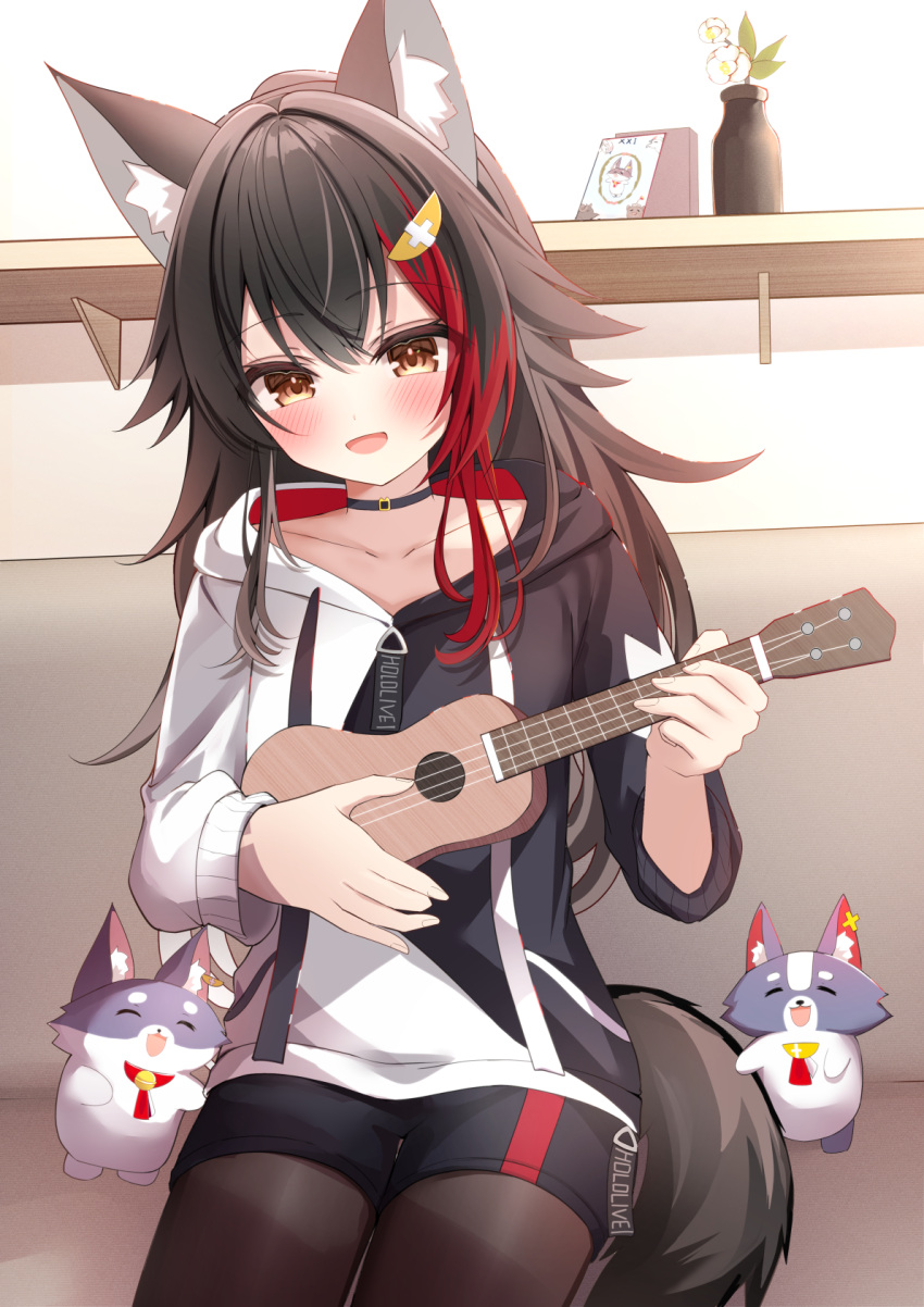 1girl, animal_ear_fluff, animal_ears, black_choker, black_hair, black_hoodie, black_shorts, blush