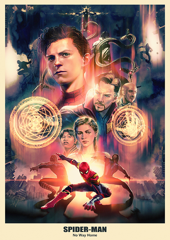 1girl, 6+boys, animal_print, black_hair, bodysuit, closed_mouth, commentary_request, doctor_octopus, doctor_strange, electro_(spider-man), green_goblin, j._jonah_jameson, magic, marvel, marvel_cinematic_universe, mechanical_tentacles, michelle_"mj"_jones, movie_poster, multiple_boys, multiple_views, ned_leeds, peter_parker, red_bodysuit, sandman_(marvel), spider-man, spider-man:_no_way_home, spider-man_(series), spider_print, spider_web_print, superhero_costume, tdsuke, tom_holland, zendaya