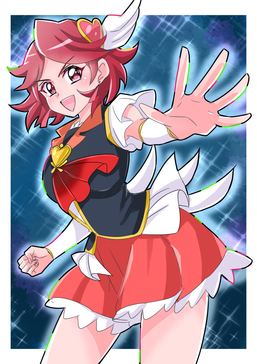 1girl, :d, absurdres, black_vest, blue_background, brooch, clenched_hand, contrapposto, cowboy_shot, cure_southern_cross, hair_ornament, happinesscharge_precure!, heart, heart_brooch, heart_hair_ornament, highres, international_precure, jewelry, legs_apart, looking_at_viewer, magical_girl, momo02634, open_mouth, outstretched_hand, precure, red_eyes, red_skirt, redhead, short_hair, simple_background, skirt, smile, solo, sparkle, standing, vest, white_wrist_cuffs, wrist_cuffs
