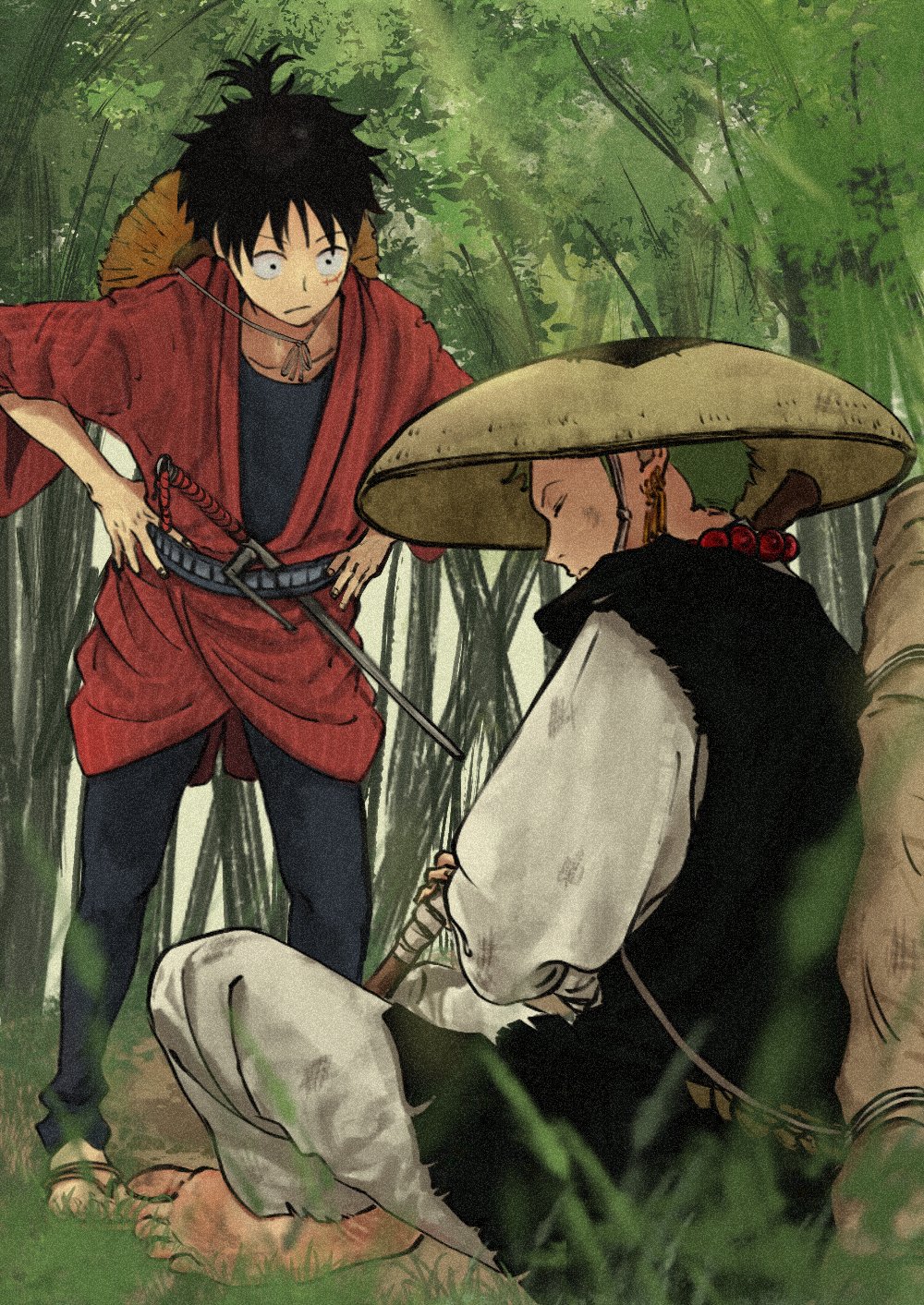 2boys, 7nawon, bead_necklace, beads, black_eyes, black_hair, closed_eyes, day
