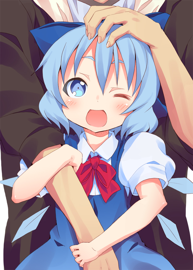 blue_hair, bow, cirno, hair_bow, happy, kishiri_toworu, petting, short_hair