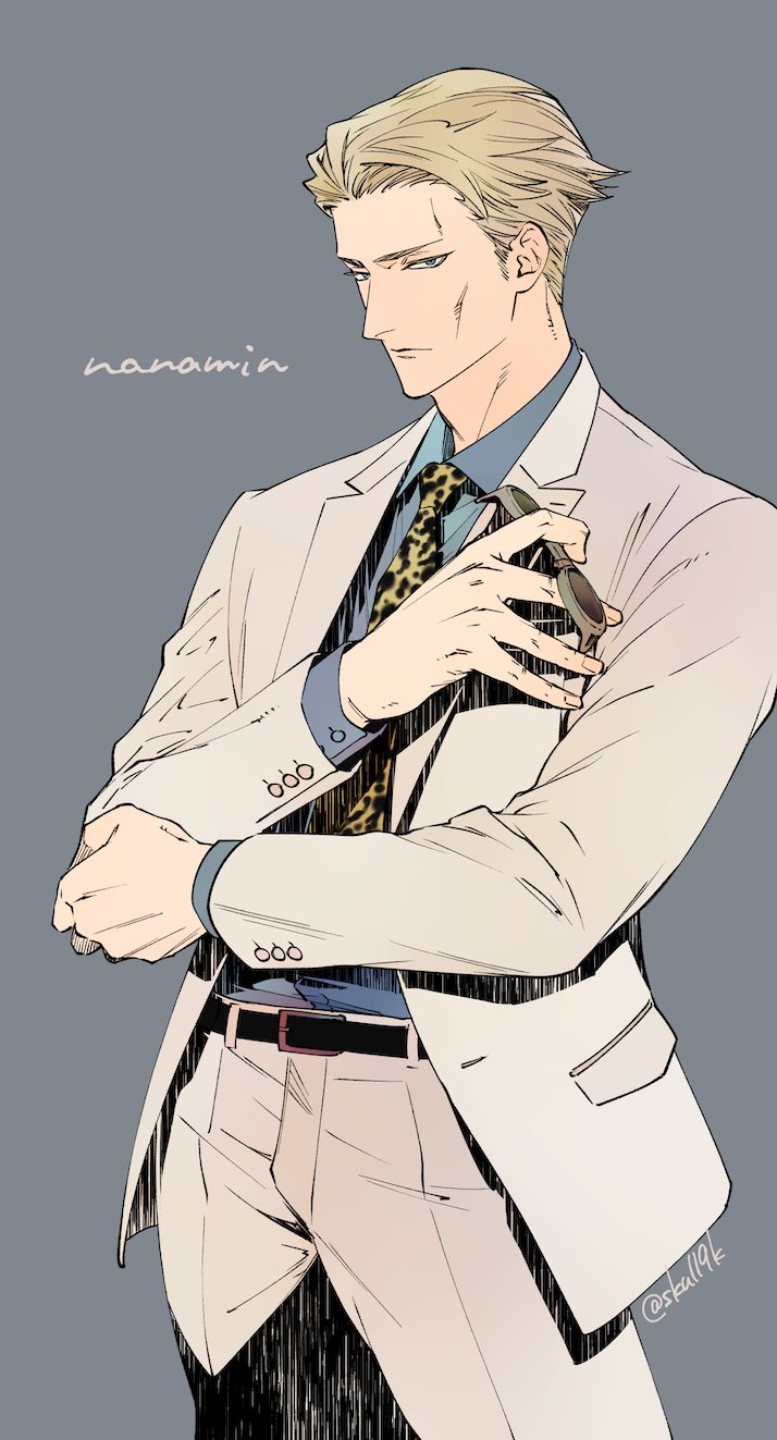 1boy, alternate_eye_color, animal_print, belt, black_belt, blonde_hair, blue_eyes, blue_shirt