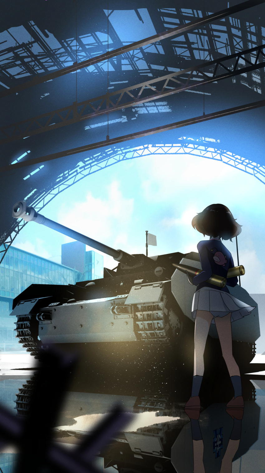 1girl, akiyama_yukari, anglerfish, backlighting, black_footwear, black_gloves, black_socks, blackminolith_(2ne), blue_jacket, blue_sky, blurry, blurry_foreground, building, commentary_request, day, depth_of_field, emblem, facing_away, fish, flag, girls_und_panzer, gloves, hangar, highres, holding, jacket, long_sleeves, messy_hair, military_uniform, military_vehicle, miniskirt, motor_vehicle, ooarai_military_uniform, panties, pantyshot, panzer_iv, partial_commentary, pleated_skirt, reflection, shoes, short_hair, skirt, sky, socks, solo, standing, tank, tank_shell, underwear, uniform, white_flag, white_skirt, wind
