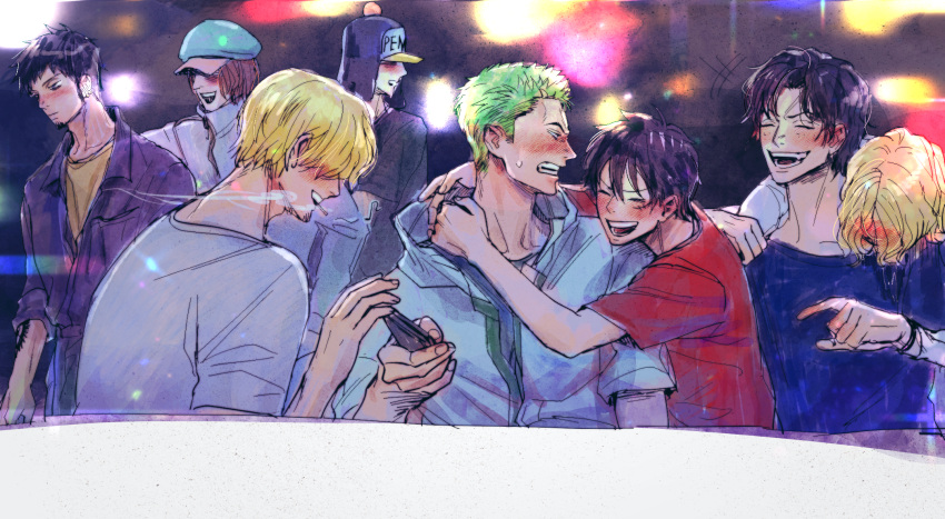 6+boys, arms_around_neck, black_eyes, black_hair, blonde_hair, blush, cigarette, closed_eyes