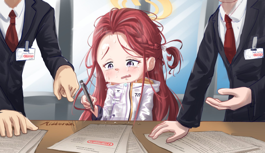 1girl, 2boys, artist_name, black_jacket, blazer, blue_archive, blush, braid, commentary, crying, crying_with_eyes_open, english_commentary, forehead, french_braid, halo, highres, holding, holding_pen, hood, hooded_jacket, id_card, indoors, jacket, long_hair, long_sleeves, messy_hair, middovah, multiple_boys, name_connection, necktie, nintendo, one_side_up, open_mouth, pen, pun, red_necktie, redhead, solo_focus, suit, tears, upper_body, violet_eyes, white_jacket, window, yellow_halo, yuzu_(blue_archive), yuzu_(emulator)
