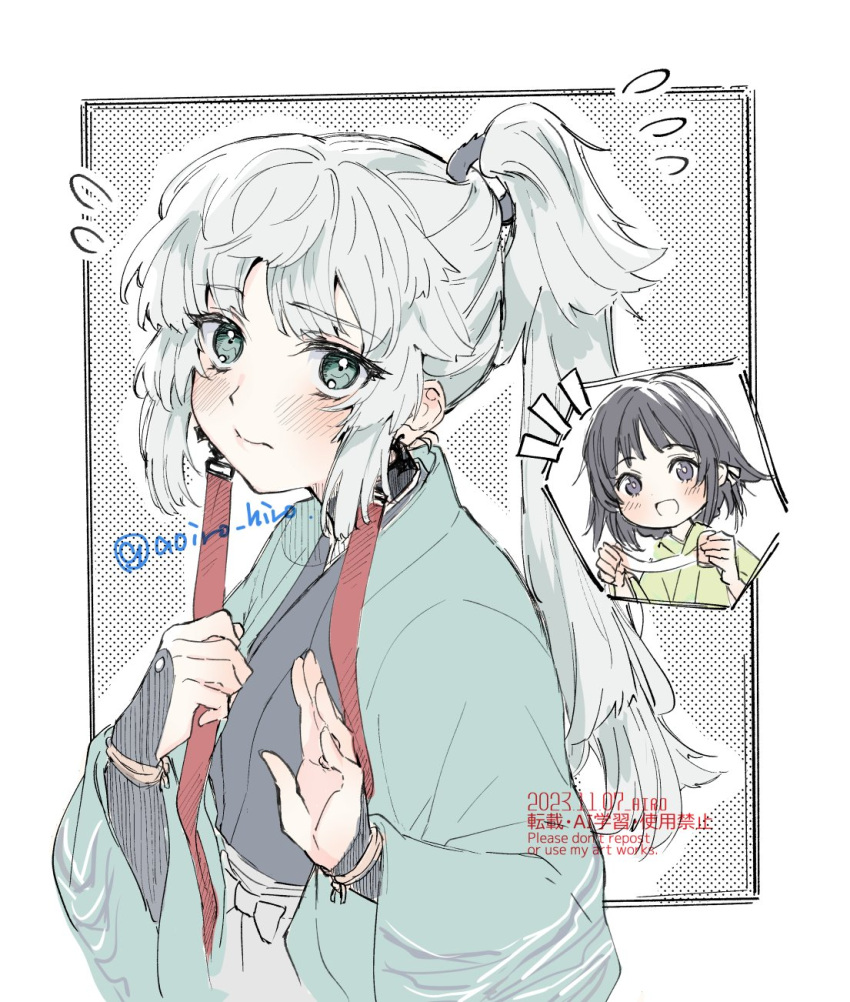 2girls, :d, aoiro_hiro, aqua_eyes, black_hair, blush, border, closed_mouth
