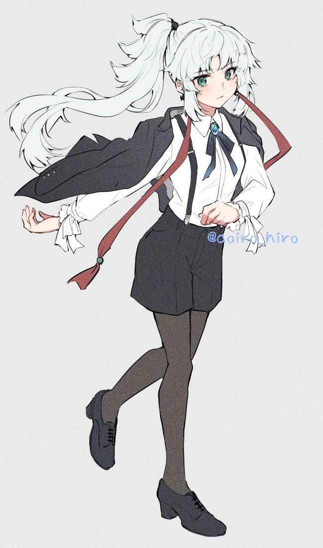 1girl, aoiro_hiro, aqua_eyes, black_footwear, black_ribbon, black_shorts, brooch, closed_mouth