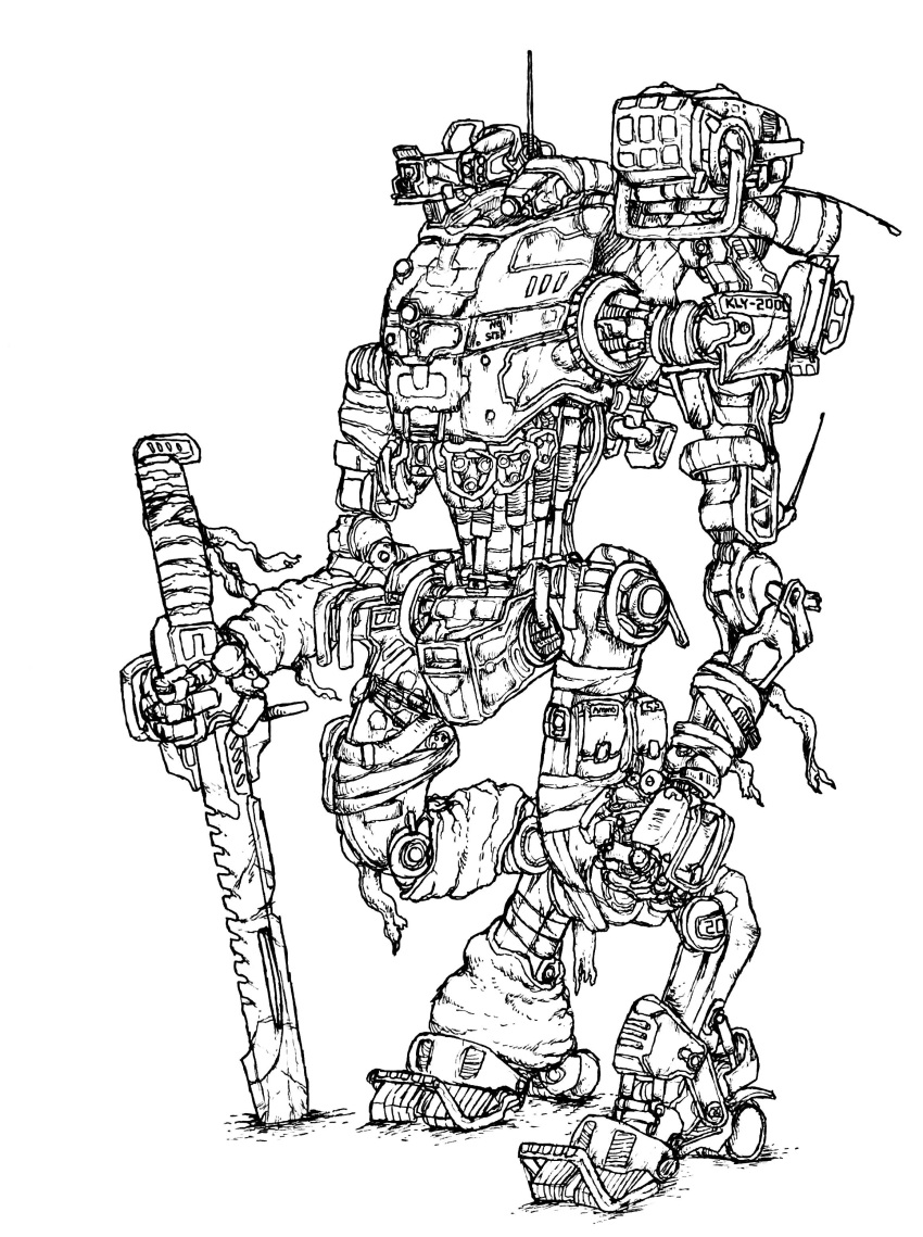 absurdres, bandaged_arm, bandaged_leg, bandages, english_commentary, greyscale, highres, holding, holding_sword, holding_weapon, mecha, missile_pod, monochrome, robot, science_fiction, stryder_(titanfall), sword, theliteralbestrobot, titan_(titanfall), titanfall, titanfall_(series), weapon, white_background