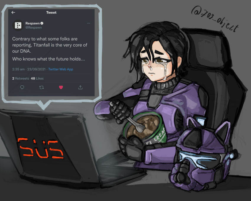 1girl, 703_object, absurdres, black_gloves, black_hair, brown_eyes, cat_ear_helmet, computer