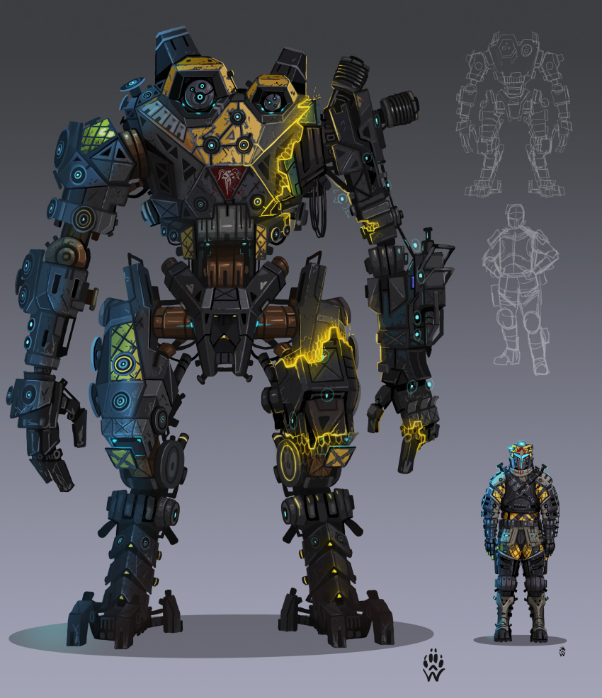1boy, absurdres, apex_legends, assault_visor, black_gloves, bodysuit, cable, cosplay, full_body, gloves, grey_background, helmet, highres, holo_pilot_(titanfall_2), holo_pilot_(titanfall_2)_(cosplay), mecha, pilot_(titanfall_2), robot, science_fiction, shadow, standing, titan_(titanfall), titanfall_(series), titanfall_2, wolfdawg_art, yellow_bodysuit