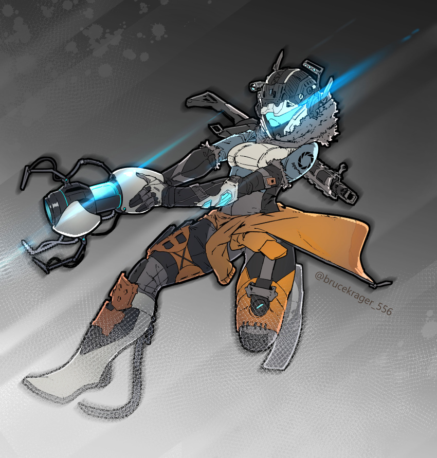 1girl, absurdres, aperture_science_handheld_portal_device, assault_rifle, boots, breasts, bruce_krager, chell