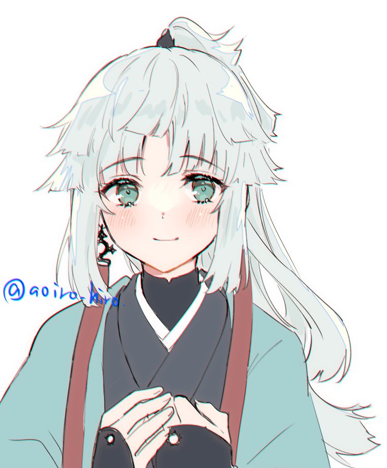 1girl, aoiro_hiro, aqua_eyes, earrings, fate/samurai_remnant, fate_(series), grey_kimono, haori