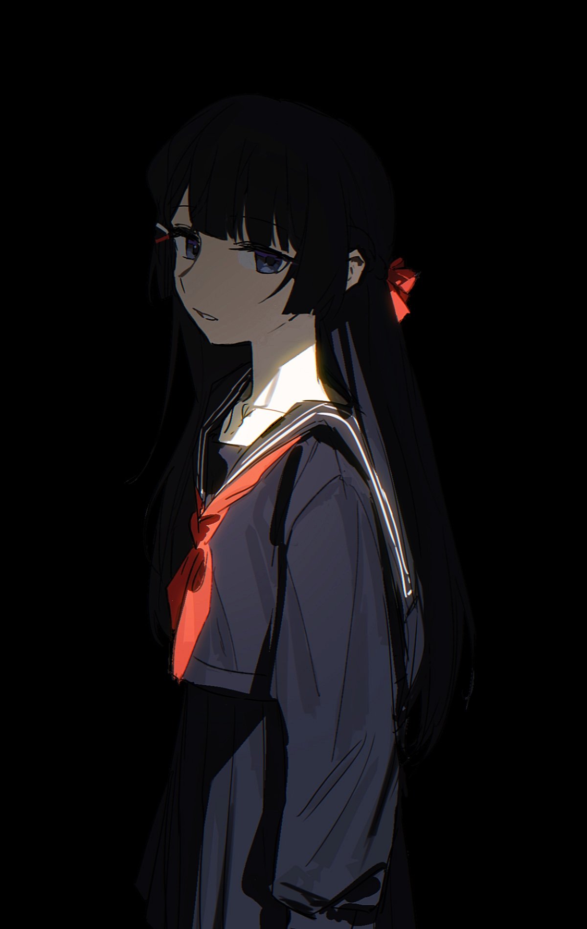 1girl, arms_at_sides, black_background, black_hair, black_sailor_collar, black_serafuku, black_shirt, blue_eyes, collarbone, cowboy_shot, from_side, hair_ornament, hairpin, highres, long_hair, long_sleeves, looking_at_viewer, neckerchief, nijisanji, parted_lips, pleated_skirt, popoyu, red_neckerchief, sailor_collar, school_uniform, serafuku, shirt, sidelocks, sideways_glance, simple_background, skirt, solo, straight_hair, teeth, tsukino_mito, virtual_youtuber