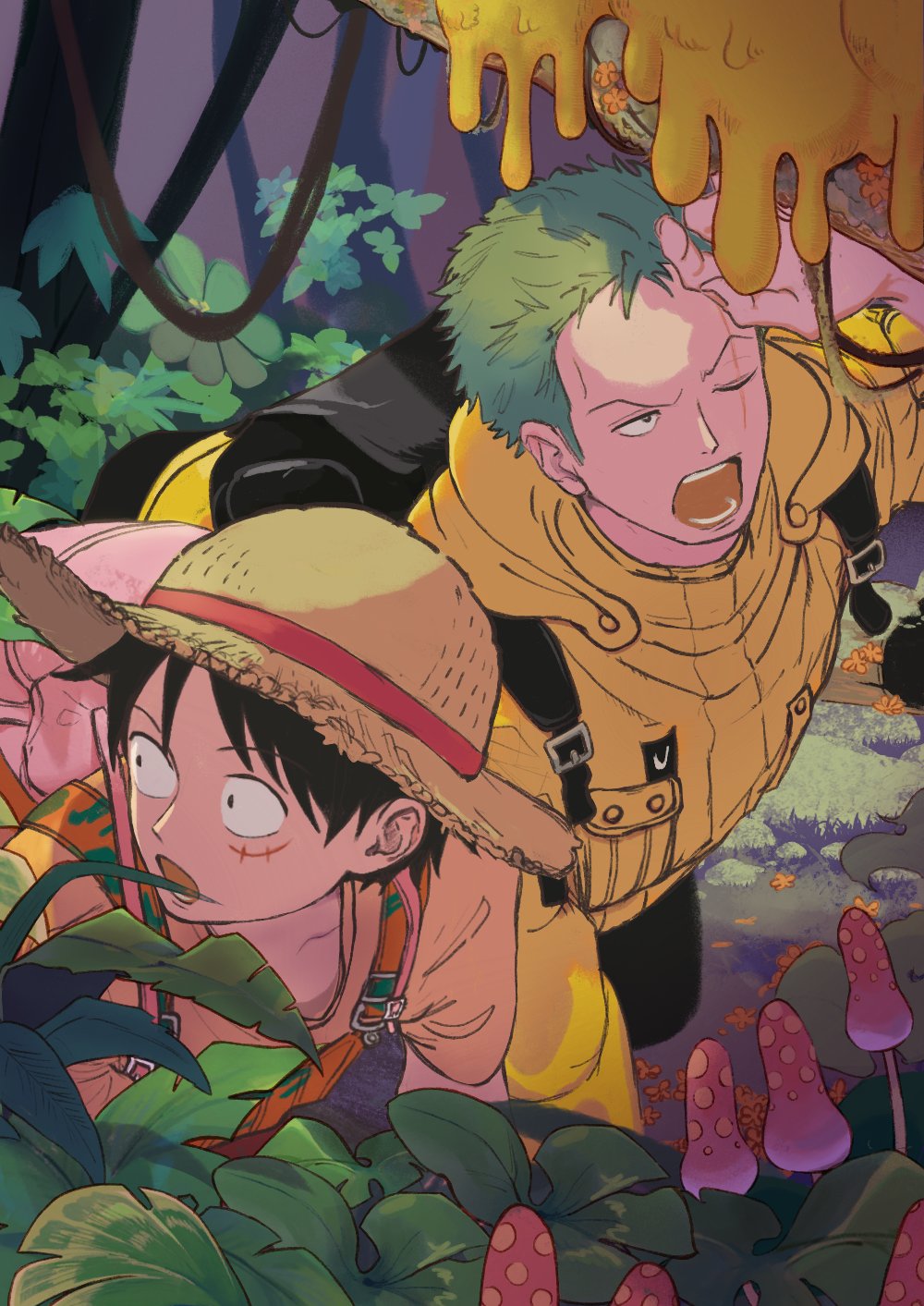 2boys, 7nawon, backpack, bag, black_eyes, black_hair, forest, green_hair