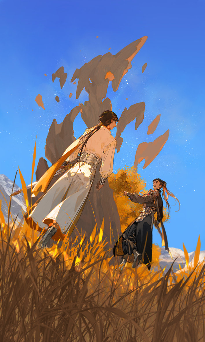 2boys, black_pants, blue_sky, brown_hair, character_request, day, from_behind, from_below