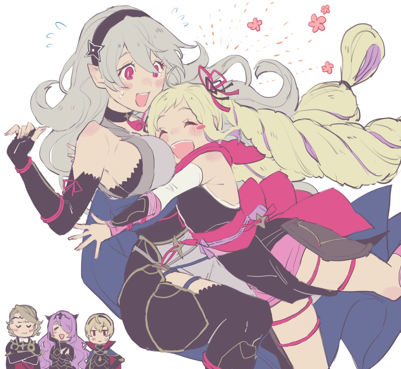 2boys, 3girls, aisutabetao, armored_leotard, blonde_hair, camilla_(fire_emblem), corrin_(female)_(fire_emblem), corrin_(female)_(ninja)_(fire_emblem), corrin_(fire_emblem), elise_(fire_emblem), elise_(ninja)_(fire_emblem), fire_emblem, fire_emblem_fates, fire_emblem_heroes, grey_hair, highres, hug, leo_(fire_emblem), multiple_boys, multiple_girls, ninja, official_alternate_costume, purple_hair, purple_rope, rope, shin_guards, shuriken_hair_ornament, xander_(fire_emblem)