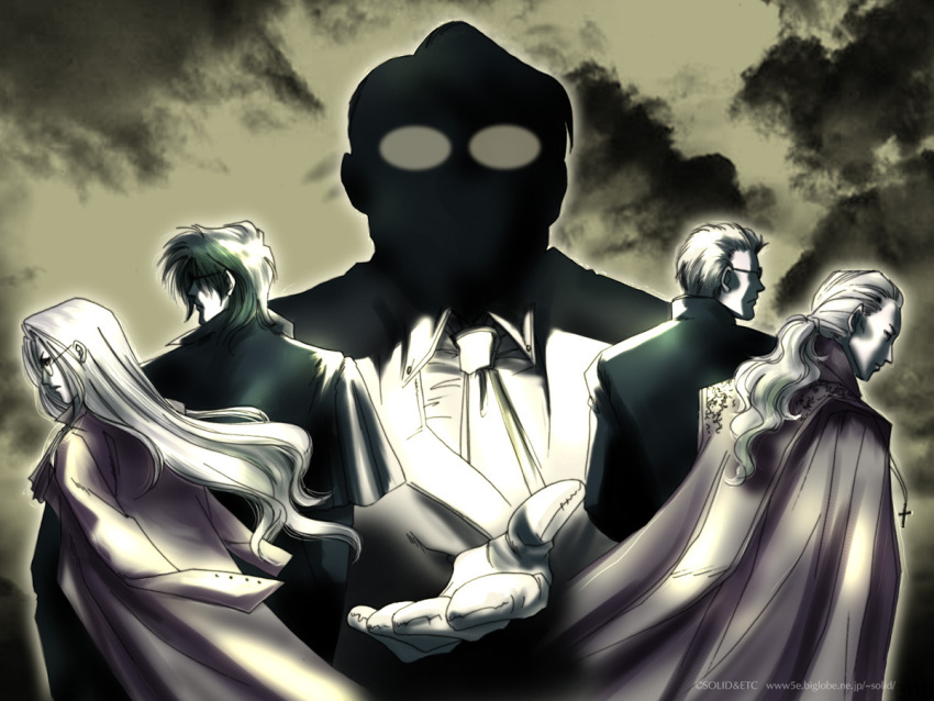 1girl, 4boys, alexander_anderson, alucard_(hellsing), artist_name, capelet, coat, coat_on_shoulders