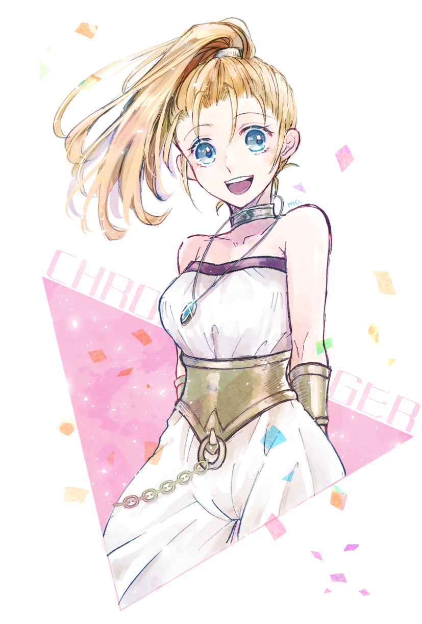 1girl, albatross_m, bare_shoulders, blonde_hair, blue_eyes, breasts, chrono_trigger, collarbone, commentary, copyright_name, highres, long_hair, looking_at_viewer, marle_(chrono_trigger), open_mouth, ponytail, smile, solo
