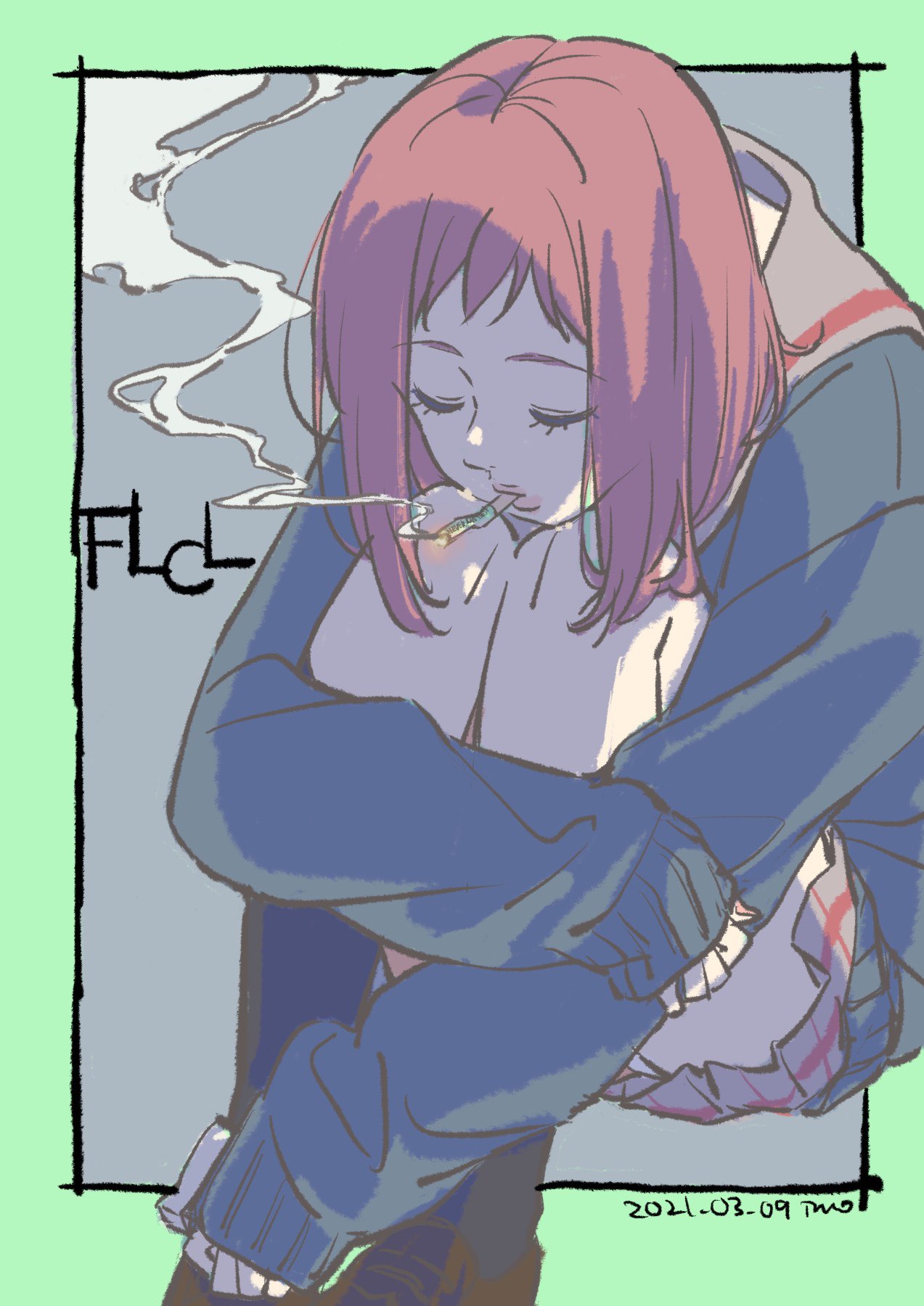 1girl, bag, cigarette, dated, feet_out_of_frame, flcl, highres, imo_(suruga)