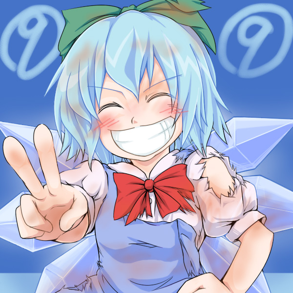 :d, bad_id, blue_hair, bow, cirno, grin, hair_ribbon, monopollyan