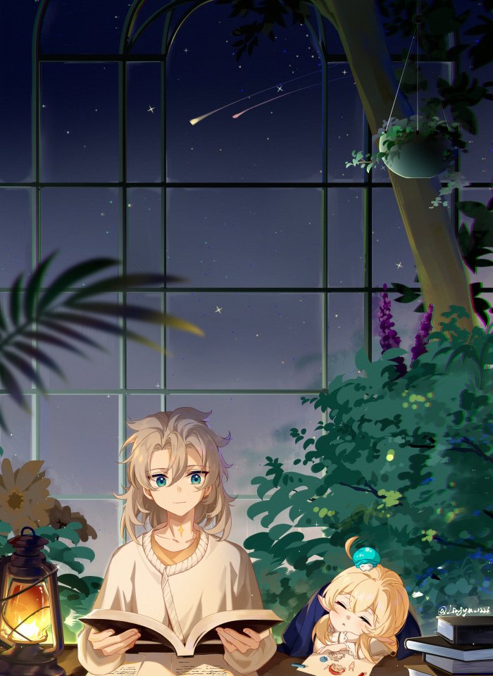 1boy, 1girl, albedo_(genshin_impact), blonde_hair, blue_eyes, book, book_stack, bush