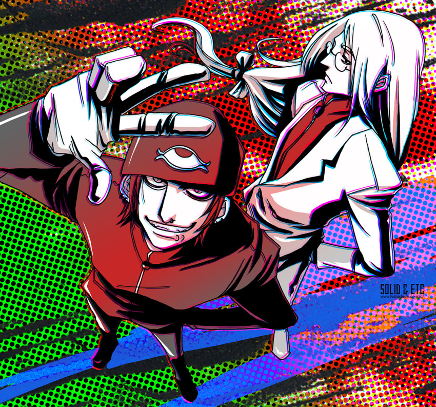 2boys, arm_behind_back, artist_name, bow, brothers, from_above, frown, glasses