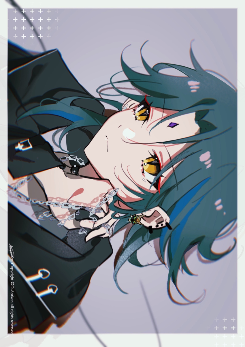 1boy, black_jacket, blue_hair, chain, close-up, closed_mouth, d-aprken, ear_piercing