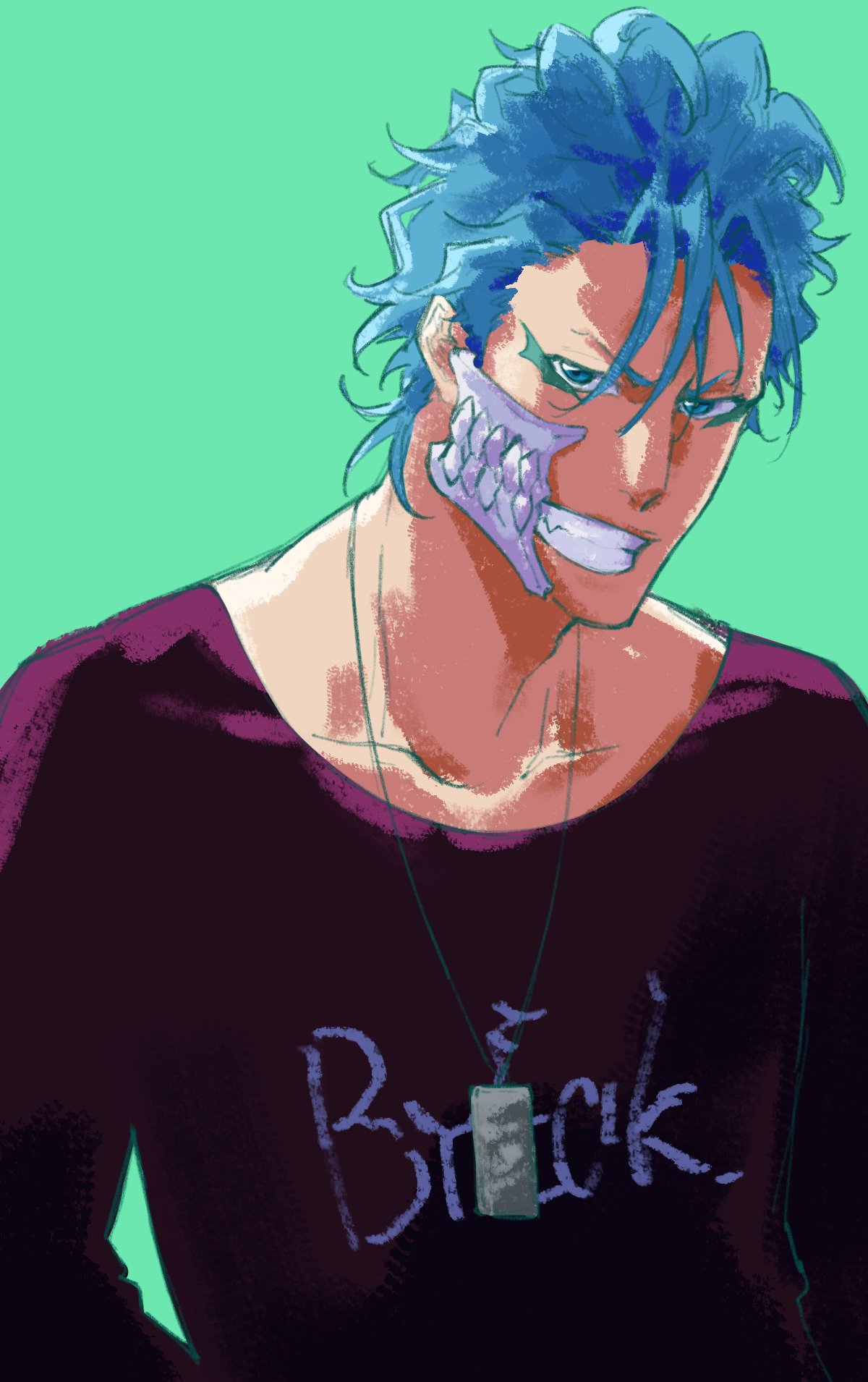 1boy, arrancar, bleach, blue_background, blue_eyes, blue_hair, braised_goose, broken_mask