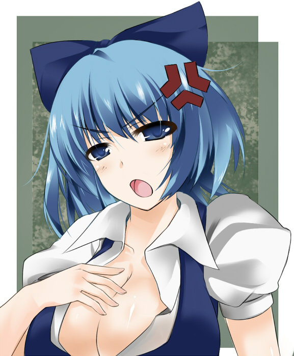 anger_vein, blue_eyes, blue_hair, bow, breasts, cirno, cleavage, cube_(circussion), hair_bow, large_breasts, short_hair, touhou