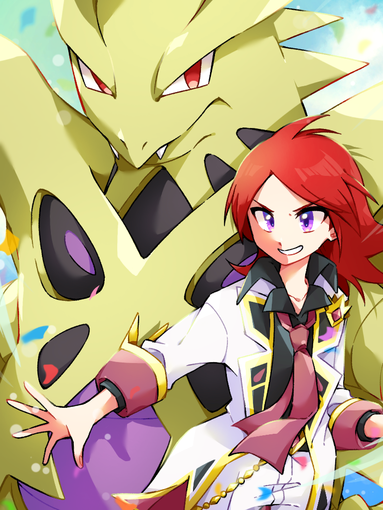 1boy, alternate_color, collarbone, collared_shirt, fangs, jacket, looking_at_viewer, mega_pokemon