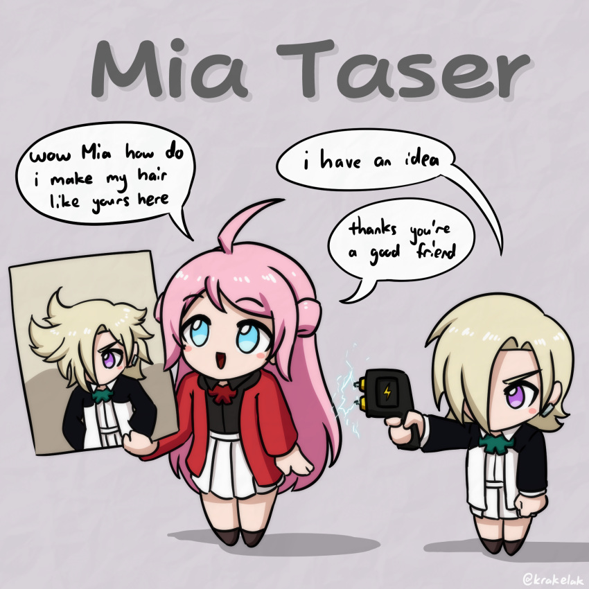 2girls, :d, ahoge, arm_at_side, black_shirt, blonde_hair, blue_eyes, blush_stickers, chibi, chibi_only, collared_shirt, english_text, grey_background, hair_over_one_eye, highres, holding, holding_photo, jacket, krakelak, long_hair, long_sleeves, looking_at_another, love_live!, love_live!_nijigasaki_high_school_idol_club, messy_hair, mia_taylor, mole, mole_under_eye, multicolored_clothes, multicolored_jacket, multiple_girls, nijigasaki_academy_school_uniform, no_mouth, one_eye_covered, open_mouth, photo_(object), pink_hair, pun, red_jacket, ribbon, school_uniform, shadow, shirt, short_hair, sidelocks, skirt, smile, speech_bubble, standing, taser, text_focus, twitter_username, two-tone_jacket, v-shaped_eyebrows, violet_eyes, weapon, zhong_lanzhu