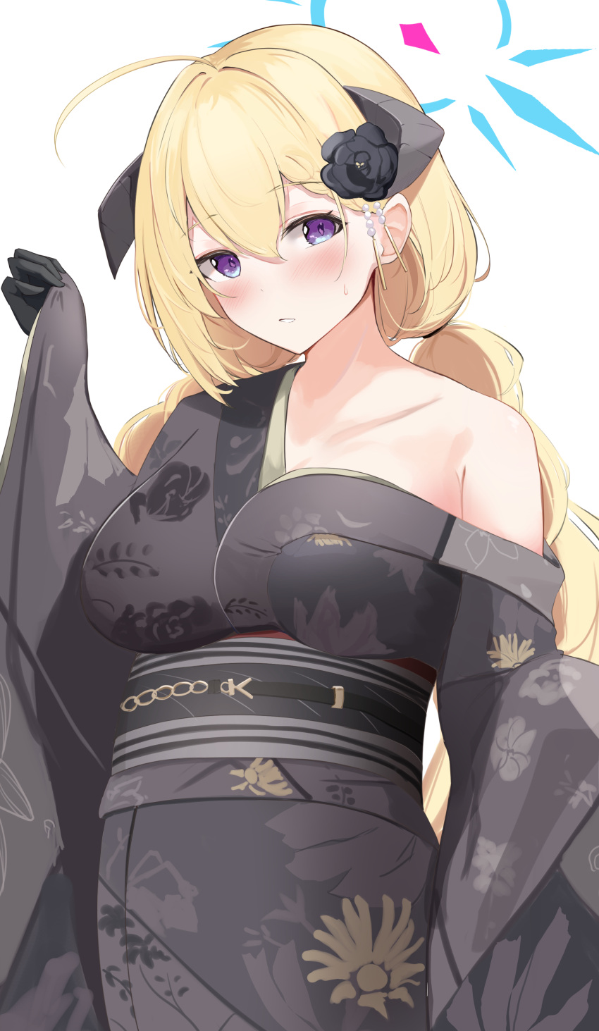 absurdres, akari_(blue_archive), akari_(new_year)_(blue_archive), bare_shoulders, blonde_hair, blue_archive, breasts, demon_girl