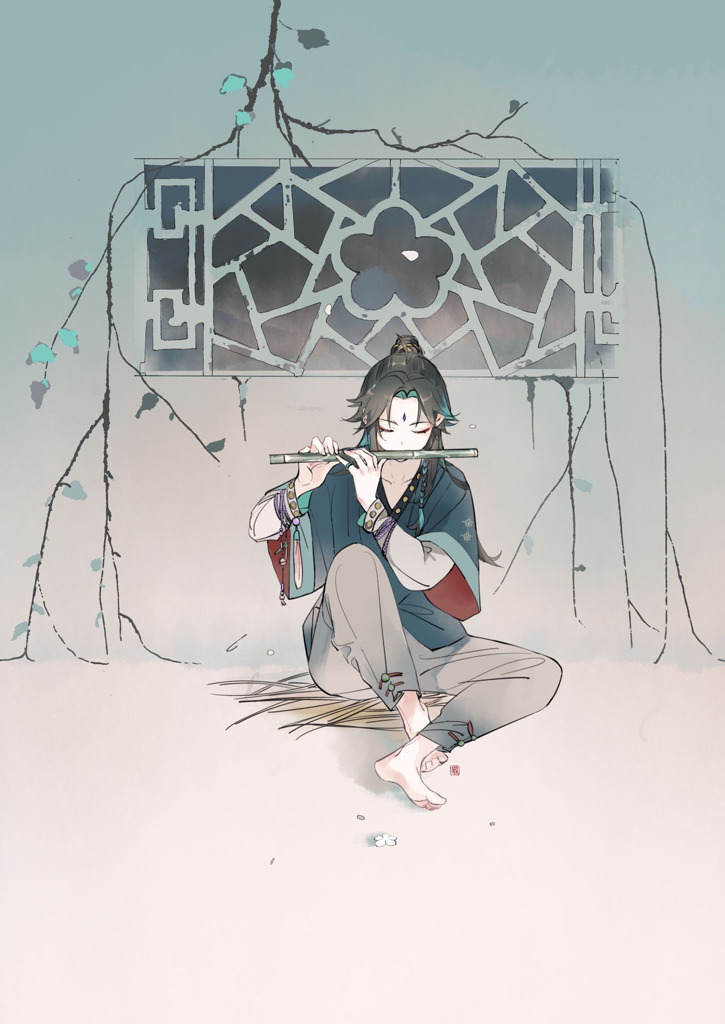 1boy, alternate_costume, barefoot, black_hair, closed_eyes, eyeshadow, facial_mark, flute