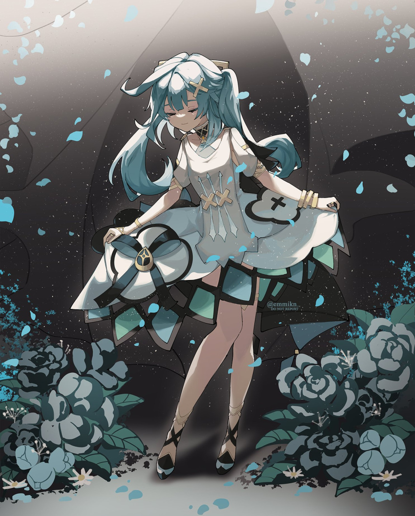 aqua_hair, aqua_petals, blunt_bangs, bridal_garter, closed_eyes, closed_mouth, clothes_lift, curtsey
