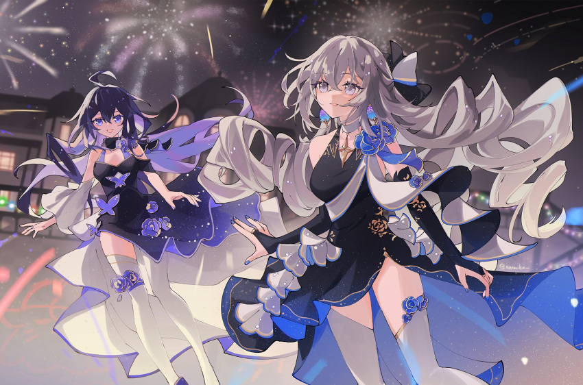 2girls, alternate_costume, black_dress, bridal_gauntlets, bronya_rand, city, dress, earrings, emmikn, fireworks, flower, grey_eyes, grey_hair, highres, honkai:_star_rail, honkai_(series), jewelry, long_hair, multiple_girls, night, night_sky, outdoors, purple_hair, seele_(honkai:_star_rail), side_slit, sky, thigh-highs, white_thighhighs, zettai_ryouiki