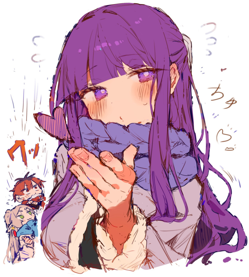 1boy, 2girls, :3, blush, coat, commentary_request, earrings, elf