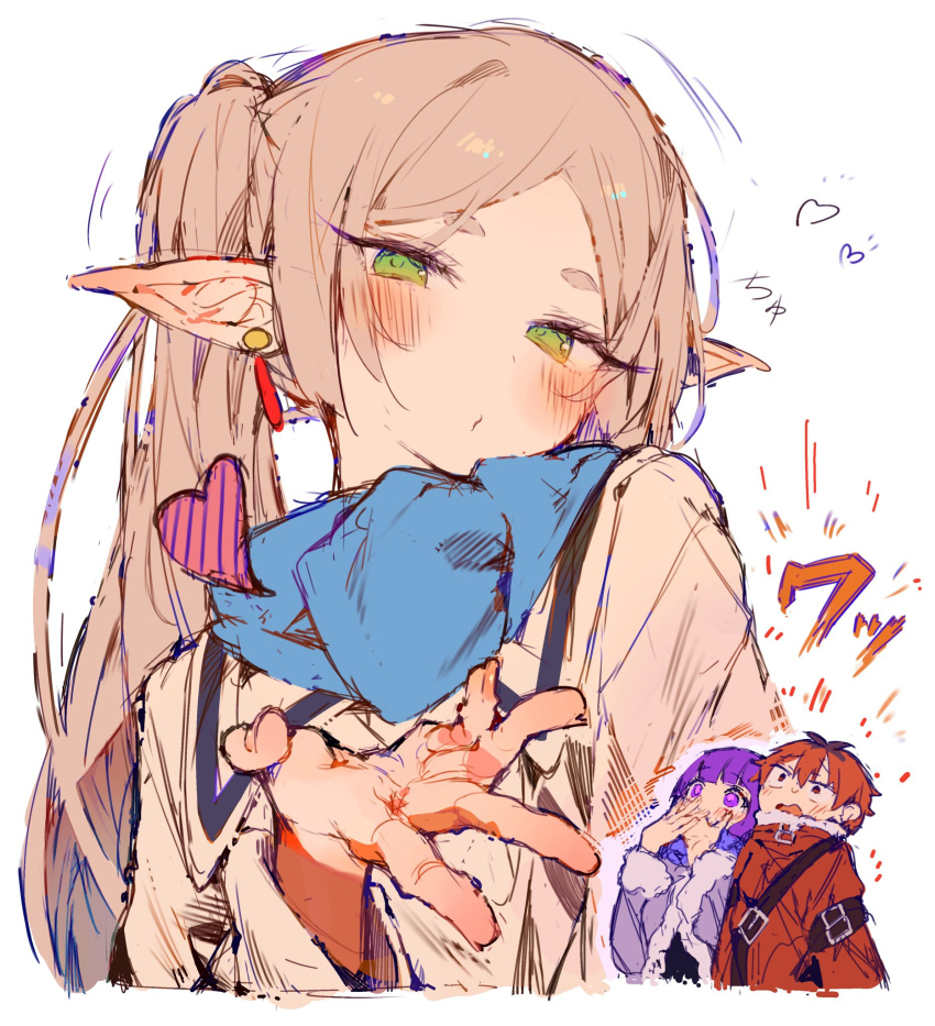 1boy, 2girls, blue_scarf, blush, coat, commentary_request, covering_own_mouth, earrings