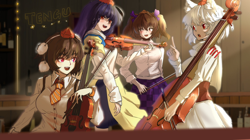 4girls, bloody_cuke, bow_(music), brown_hair, hat, highres, himekaidou_hatate, holding