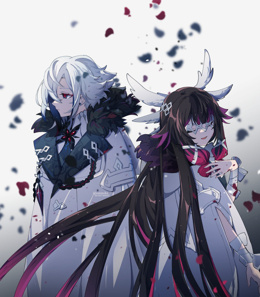 2girls, arlecchino_(genshin_impact), black_background, black_eyes, black_hair, blood, blood_on_arm, brown_hair