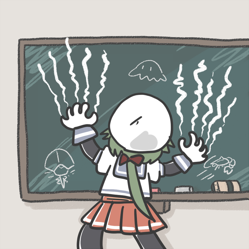 1girl, black_pantyhose, blue_sailor_collar, board_eraser, chalk, chalkboard, chalkboard_scraping, feet_out_of_frame
