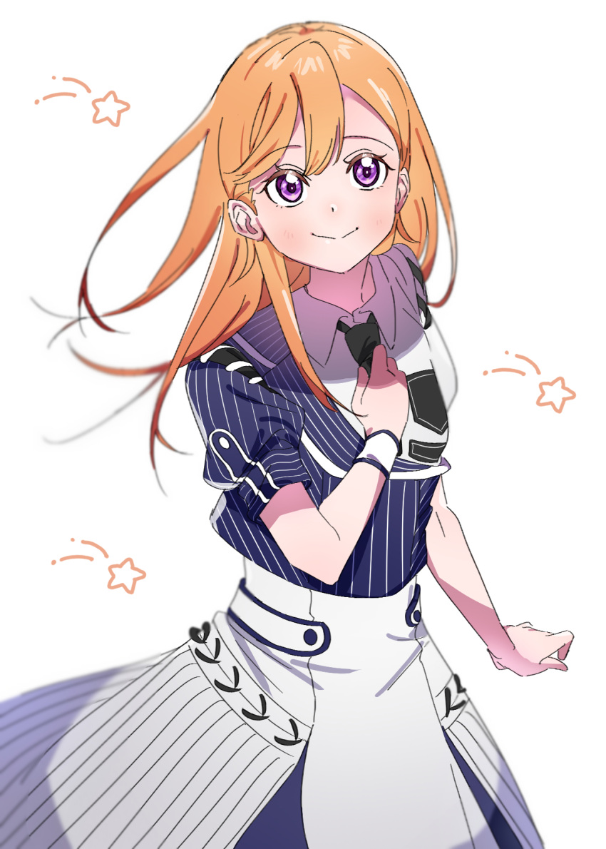 1girl, asymmetrical_dress, black_necktie, closed_mouth, commentary, dress, hair_between_eyes, highres, long_hair, looking_at_viewer, love_live!, love_live!_superstar!!, necktie, orange_hair, plaid, plaid_dress, puffy_short_sleeves, puffy_sleeves, shekira_(love_live!), shibuya_kanon, short_sleeves, smile, solo, standing, star_(symbol), symbol-only_commentary, upper_body, violet_eyes, white_background, white_dress, ykepouty