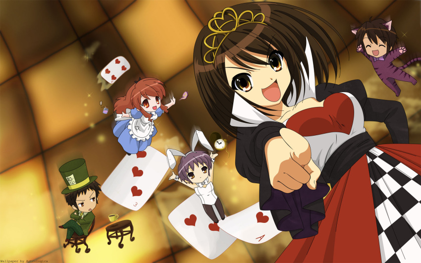 2boys, 3girls, alice_(wonderland), alice_(wonderland)_(cosplay), alice_in_wonderland, animal_ears, asahina_mikuru, bunnygirl