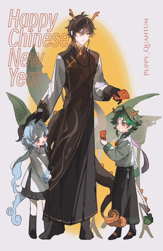 1girl, 2boys, aged_down, antler_hairband, black_gloves, black_skirt, blue_hair, brown_hair